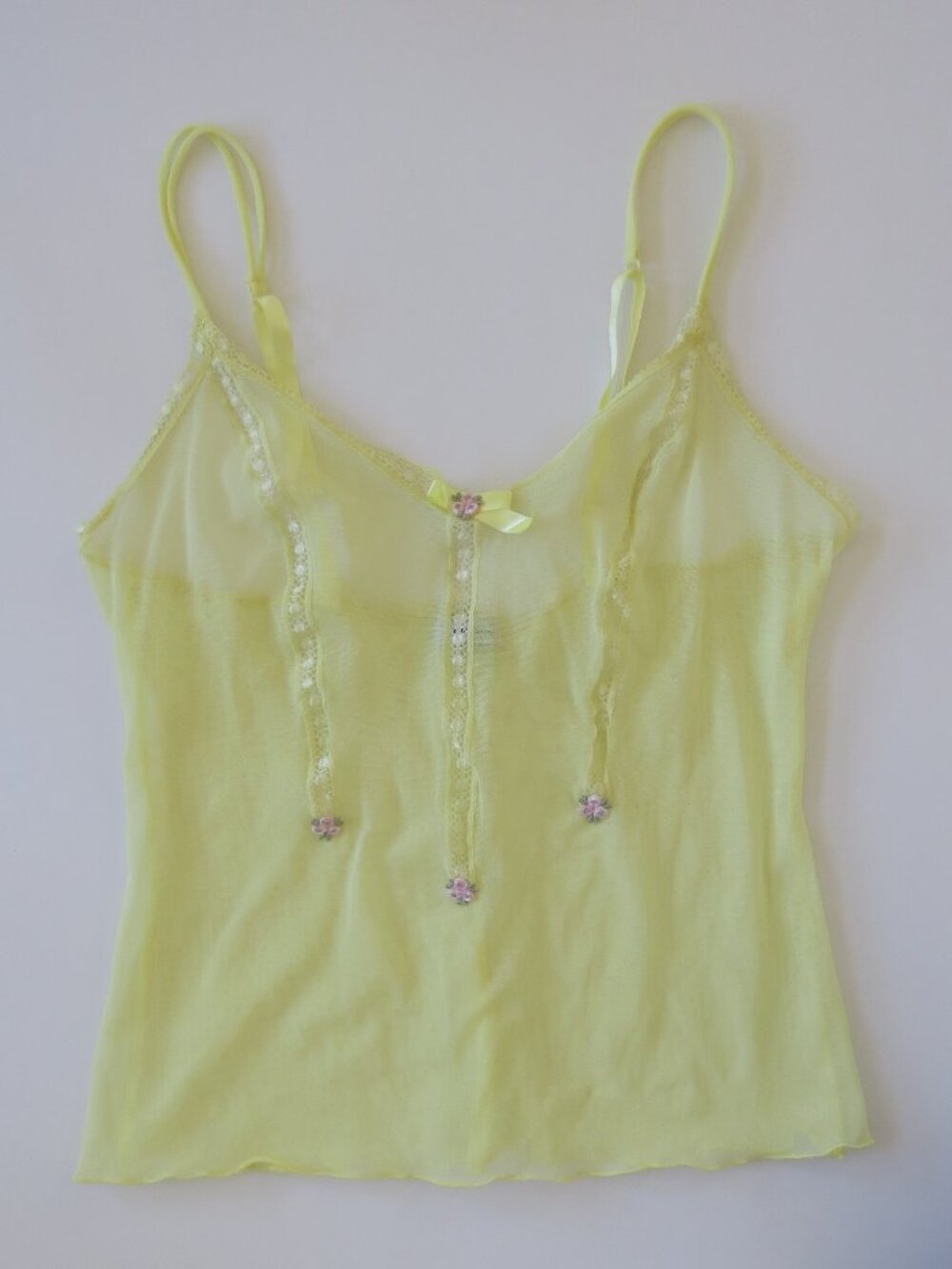 Vintage Pale Yellow Intimissimi Mesh Camsiole w/ Flower Details